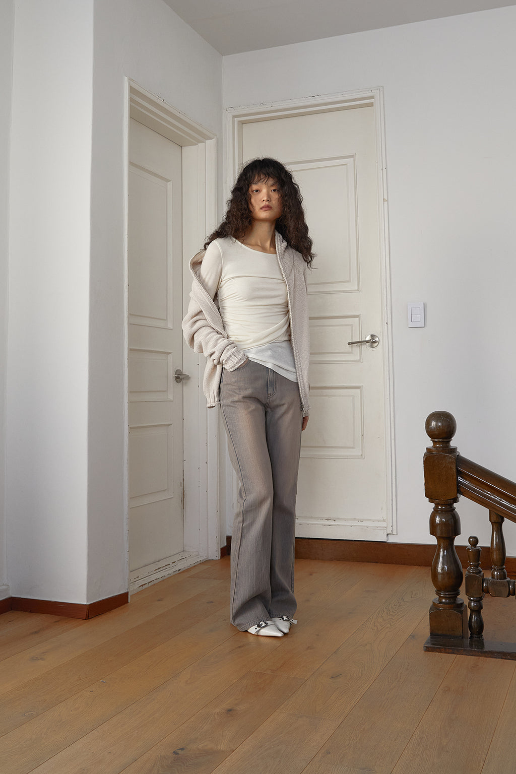 Matin Kim - Applique Logo Patch Knit Zip Up (Light Beige) product image 10 | TRAB K-Fashion Australia