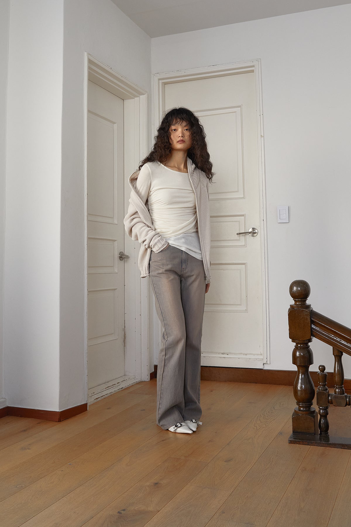 Matin Kim - Applique Logo Patch Knit Zip Up (Light Beige) product image 10 | TRAB K-Fashion Australia