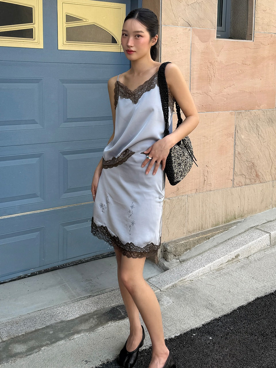 Margarin Fingers - Lace Satin Hotfix Skirt (Light Blue) product image 1 | TRAB K-Fashion Australia