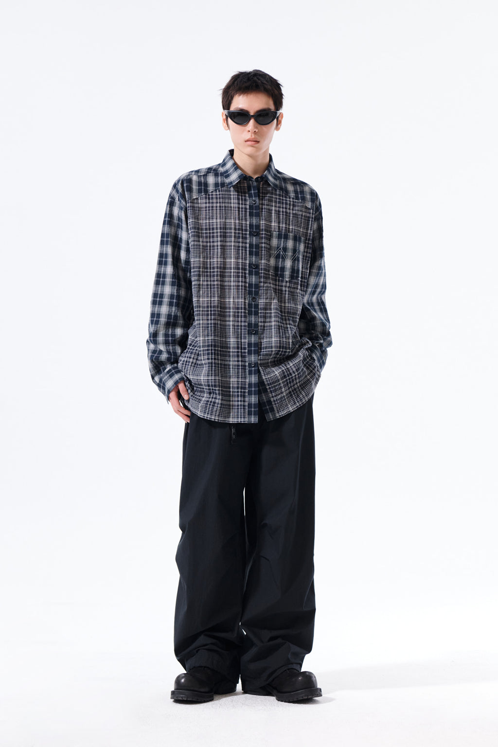 Matin Kim - Mixed Check Over Fit Shirt (Navy) product image 15 | TRAB K-Fashion Australia