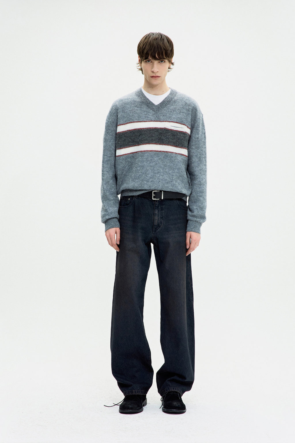 Coor - Alpaca Blend Striped V-Neck Sweater (Melange Gray) product image 2 | TRAB K-Fashion Australia
