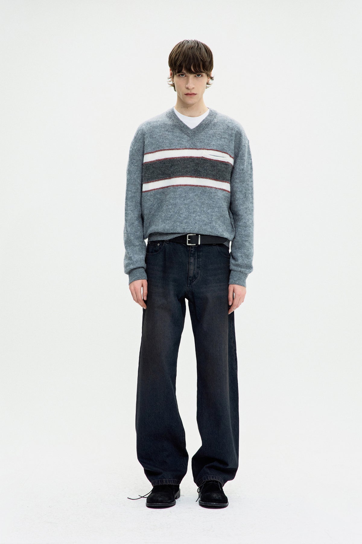 Coor - Alpaca Blend Striped V-Neck Sweater (Melange Gray) product image 2 | TRAB K-Fashion Australia