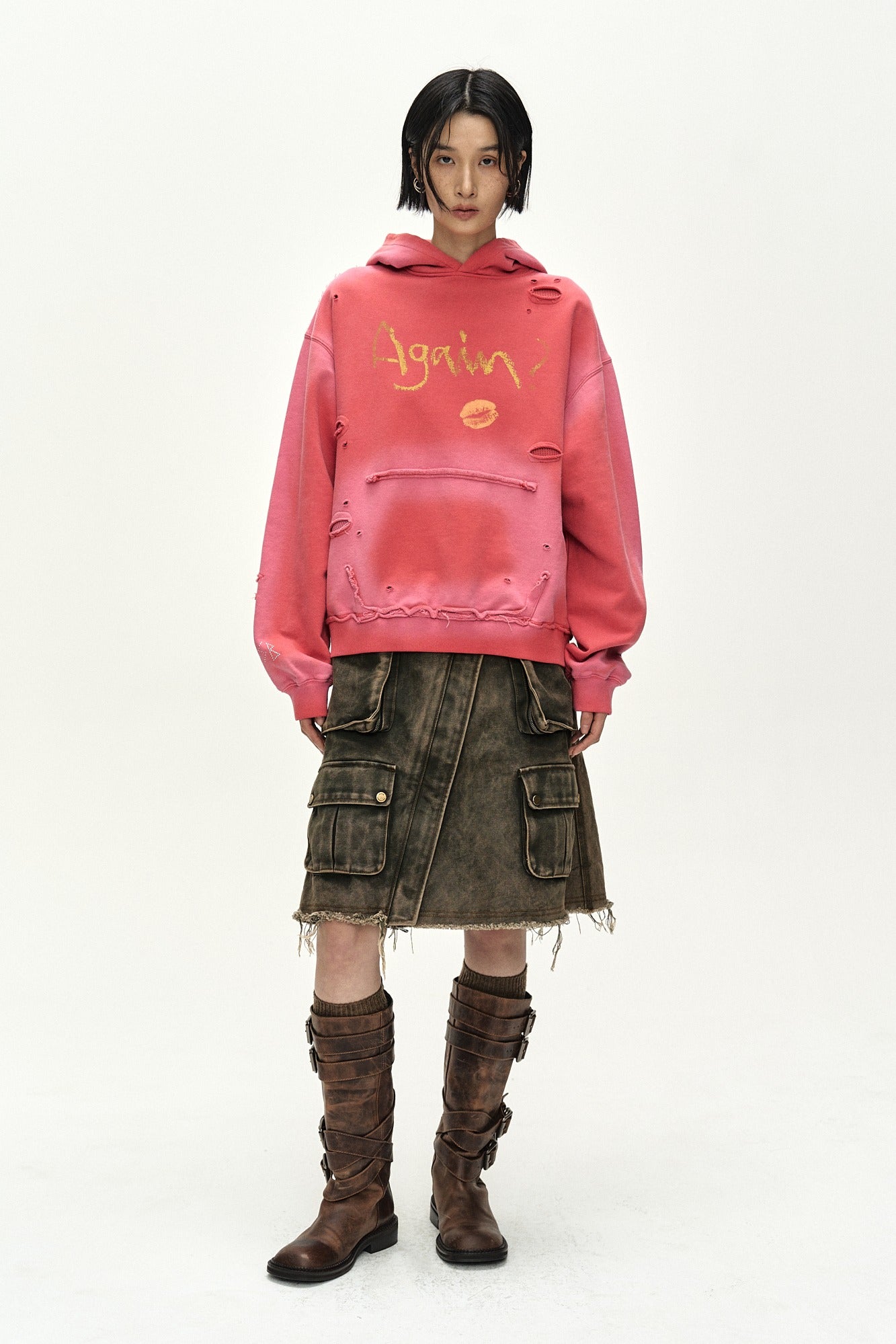 Andersson Bell - (essential) Unisex Spray Washed Again Lip Hoodie (red) (Red) product image 1 | TRAB K-Fashion Australia