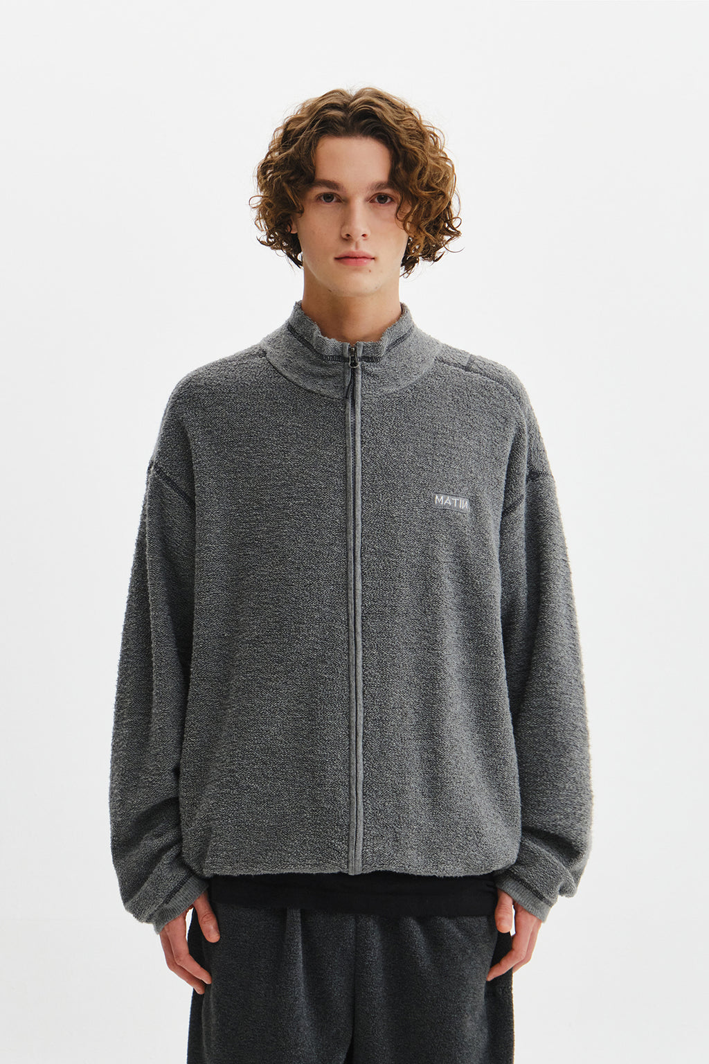 Matin Kim - Boucle Texture Knit Zip Up (Grey) product image 6 | TRAB K-Fashion Australia