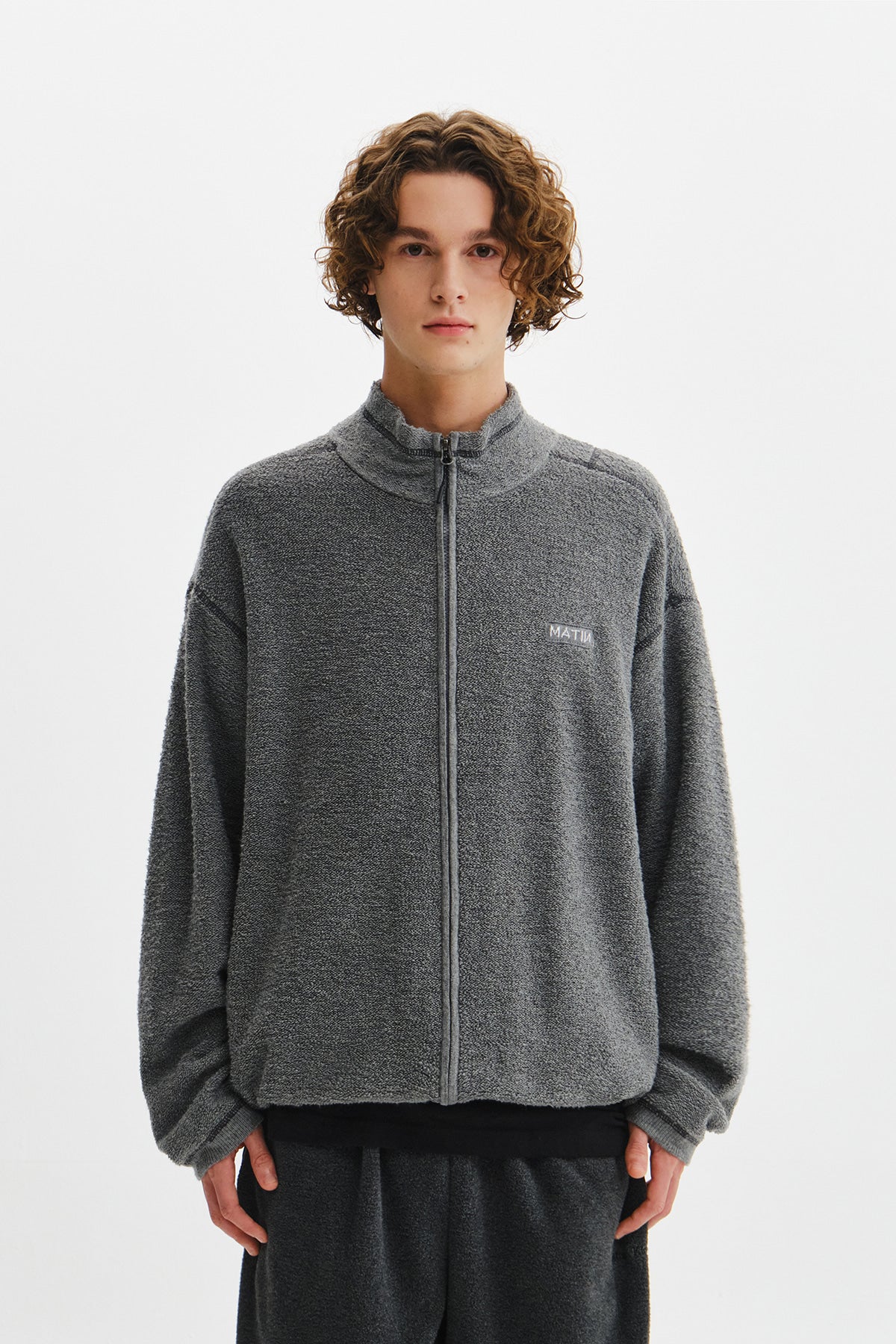 Matin Kim - Boucle Texture Knit Zip Up (Grey) product image 6 | TRAB K-Fashion Australia