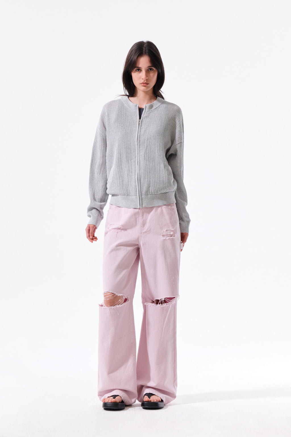 Matin Kim - Back Logo Jacquard Mesh Knit Zip Up (Light Grey) product image 10 | TRAB K-Fashion Australia