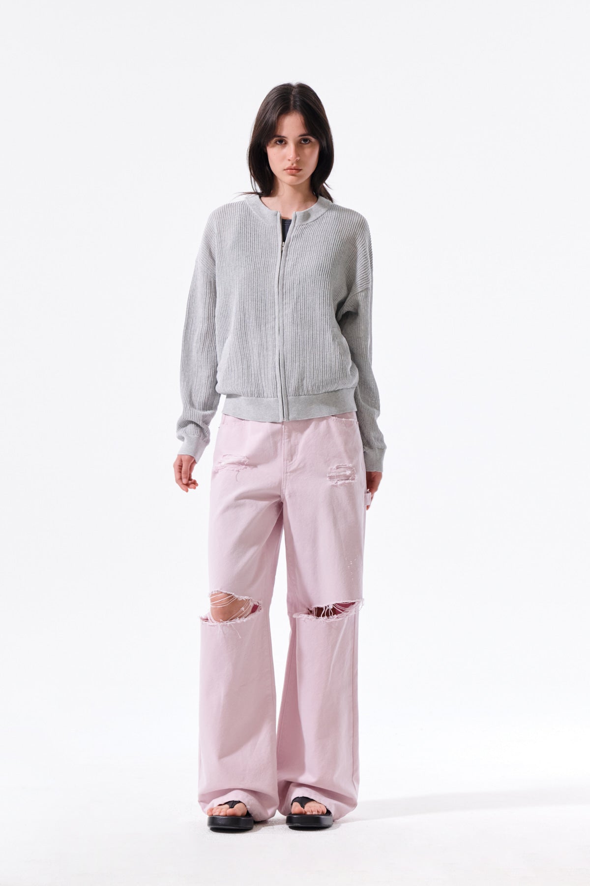 Matin Kim - Back Logo Jacquard Mesh Knit Zip Up (Light Grey) product image 10 | TRAB K-Fashion Australia