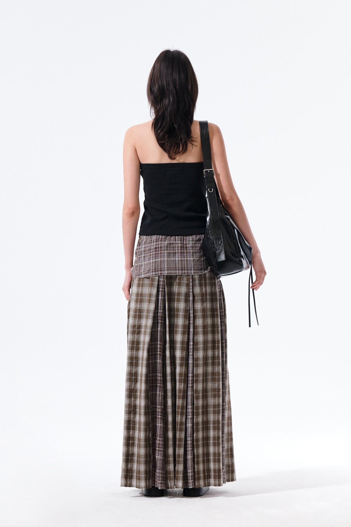 Matin Kim - Mixed Check Sleeve Tie Flare Skirt (Brown) product image 8 | TRAB K-Fashion Australia