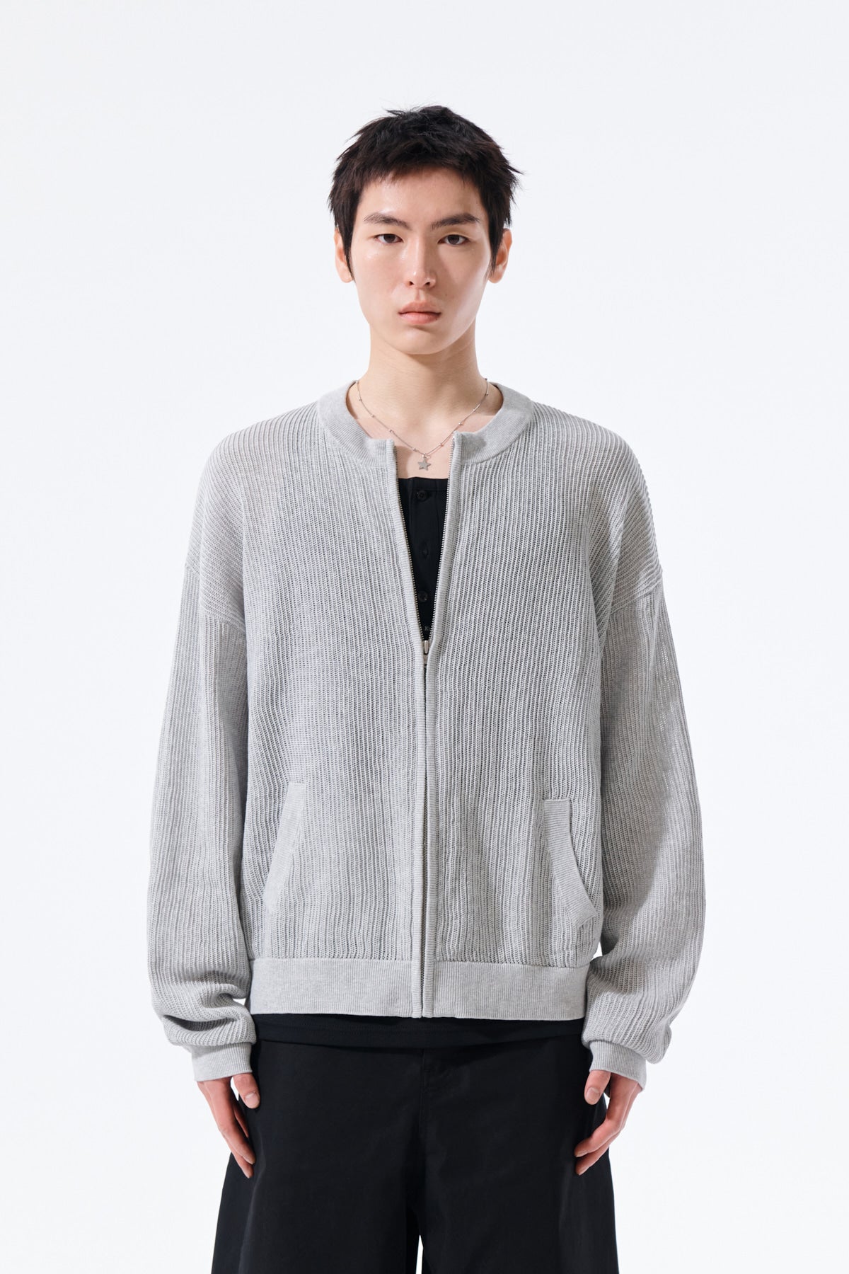 Matin Kim - Back Logo Jacquard Mesh Knit Zip Up (Light Grey) product image 11 | TRAB K-Fashion Australia