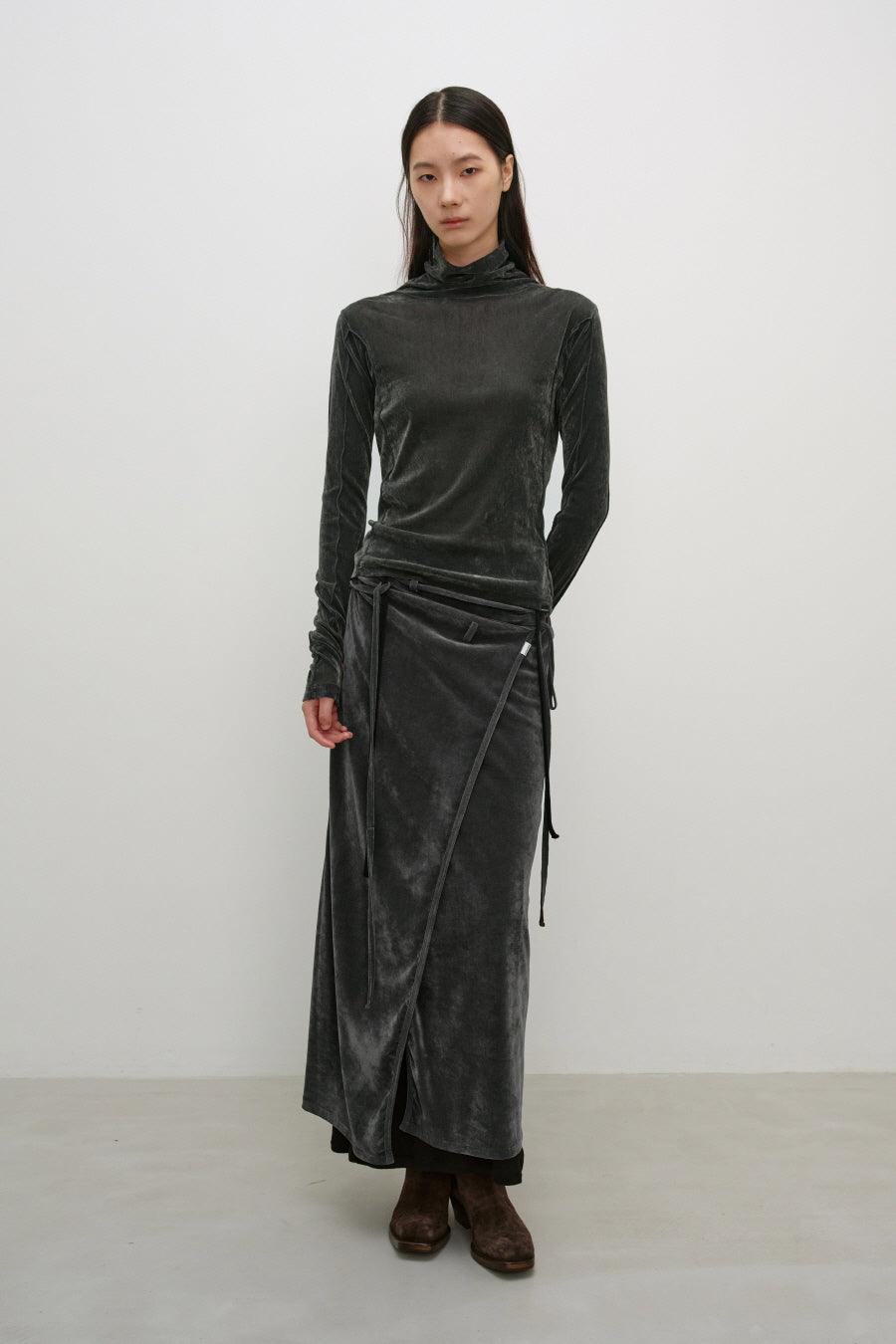 Insilence - Layered Velour Wrap Skirt (Charcoal) product image 1 | TRAB K-Fashion Australia