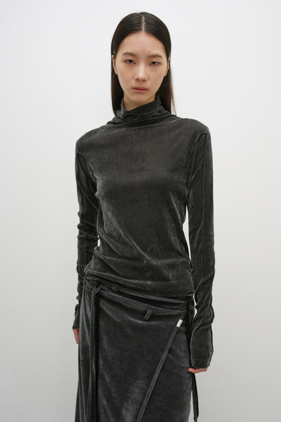 Insilence - Velvet Mesh Turtleneck T-Shirt (Charcoal) product image 1 | TRAB K-Fashion Australia