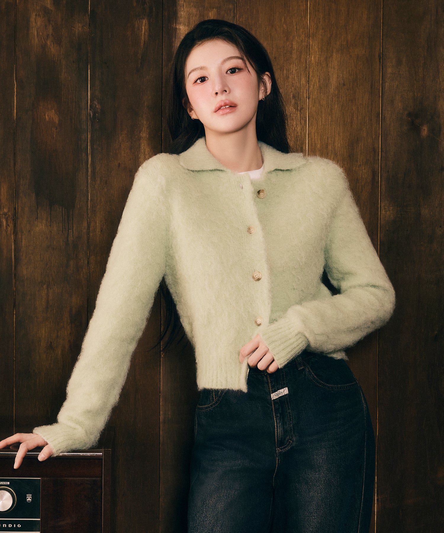Marithe & Francois Girbaud - Hairy Collar Cardigan (Mint) product image 1 | TRAB K-Fashion Australia