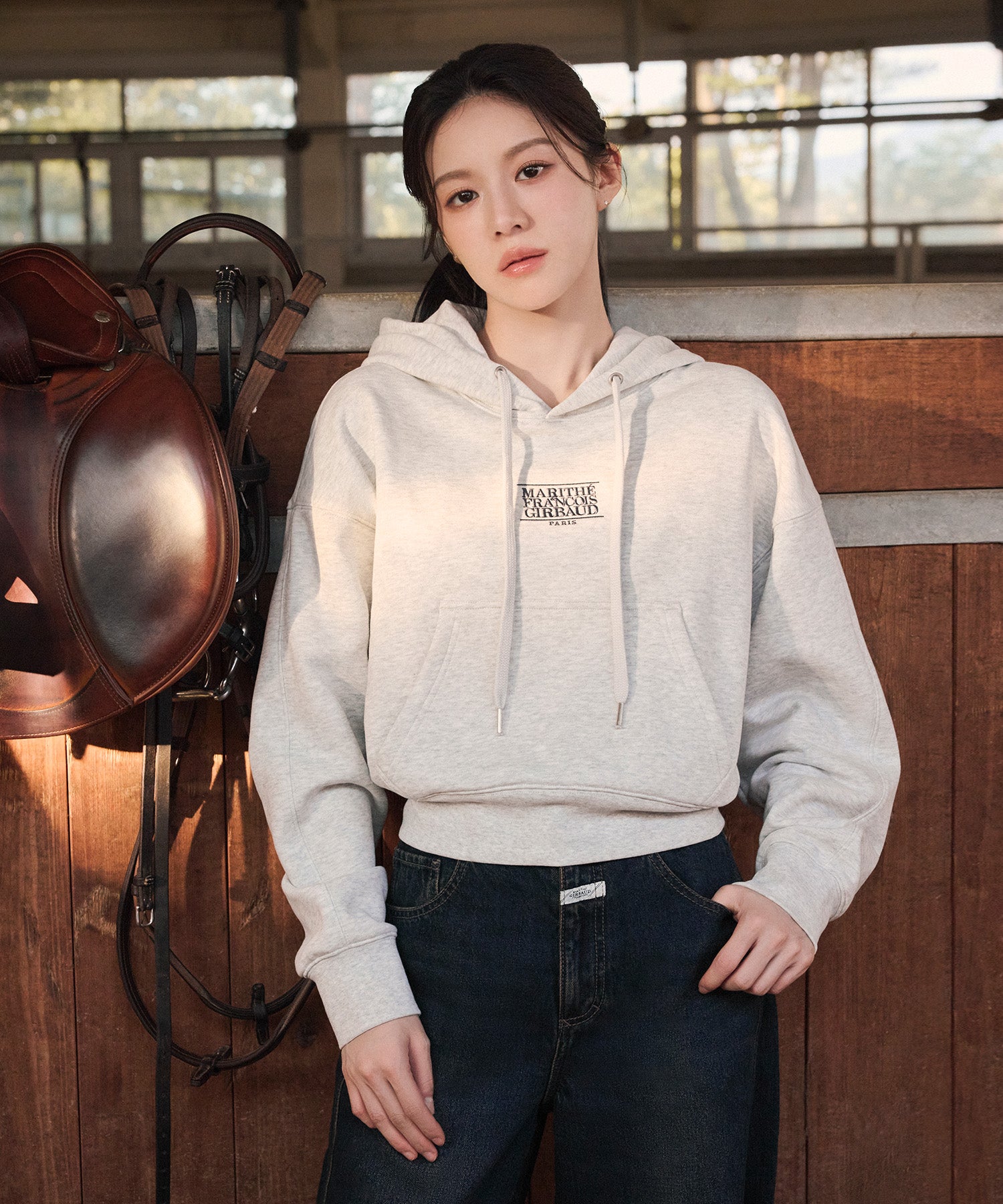 Marithe & Francois Girbaud - Small Classic Logo Crop Hoodie (Light Heather Gray) product image 1 | TRAB K-Fashion Australia