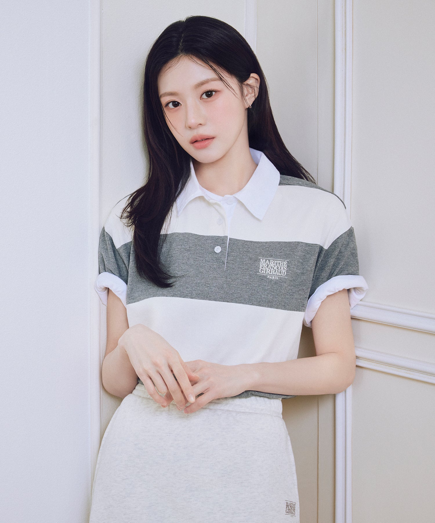 Marithe & Francois Girbaud - Small Classic Logo Rugby Stripe Oversized Collar Tee (Ivory) product image 1 | TRAB K-Fashion Australia