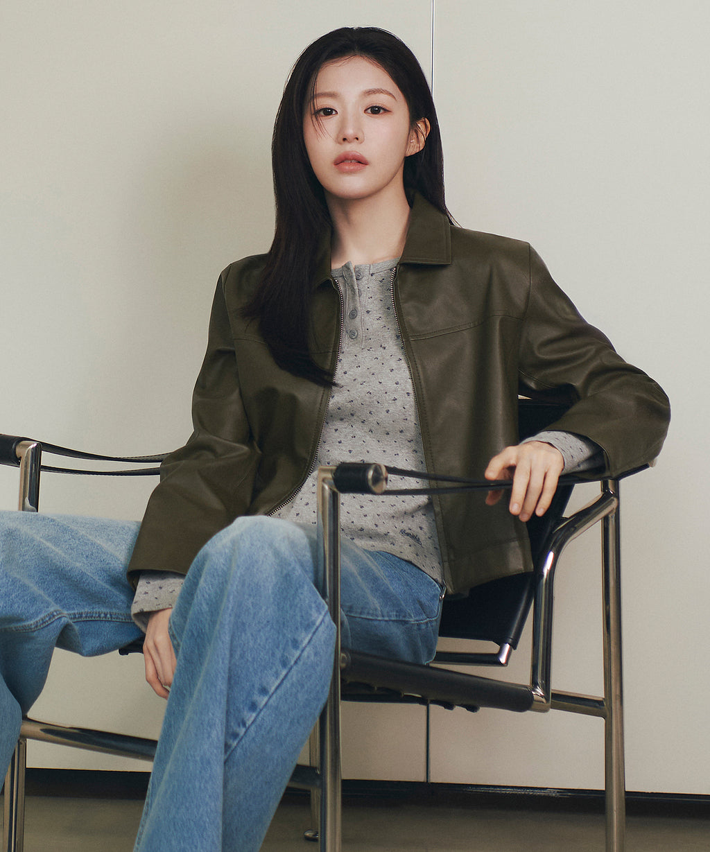 Marithe & Francois Girbaud - Crop Faux Leather Jacket (Khaki) product image 1 | TRAB K-Fashion Australia