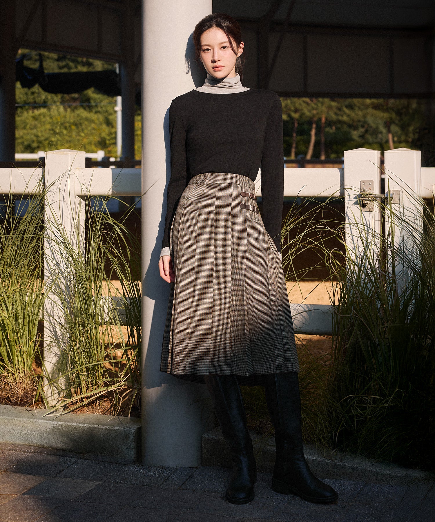 Marithe & Francois Girbaud - Side Buckle Pleated Midi Skirt (Brown) product image 1 | TRAB K-Fashion Australia