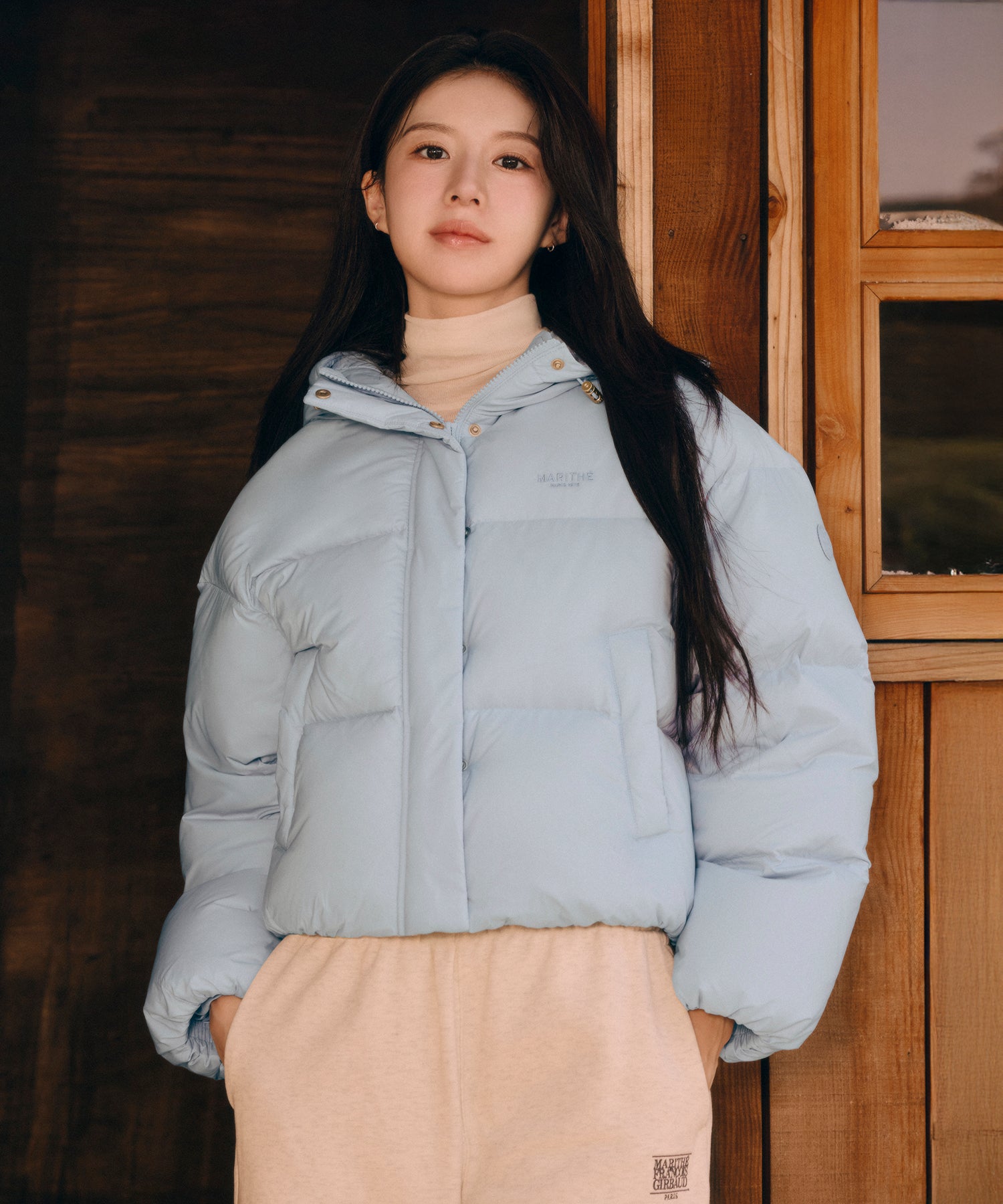 Marithe & Francois Girbaud - Regular Logo Hooded Crop Down Jacket (Light Blue) product image 1 | TRAB K-Fashion Australia