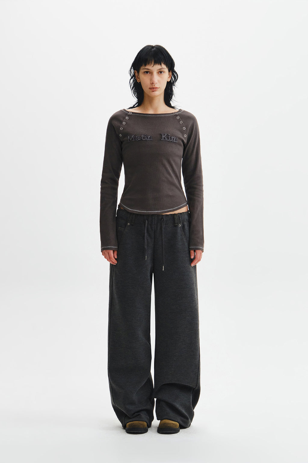 Matin Kim - Logo Applique Button Detail Raglan Top (Charcoal) product image 7 | TRAB K-Fashion Australia
