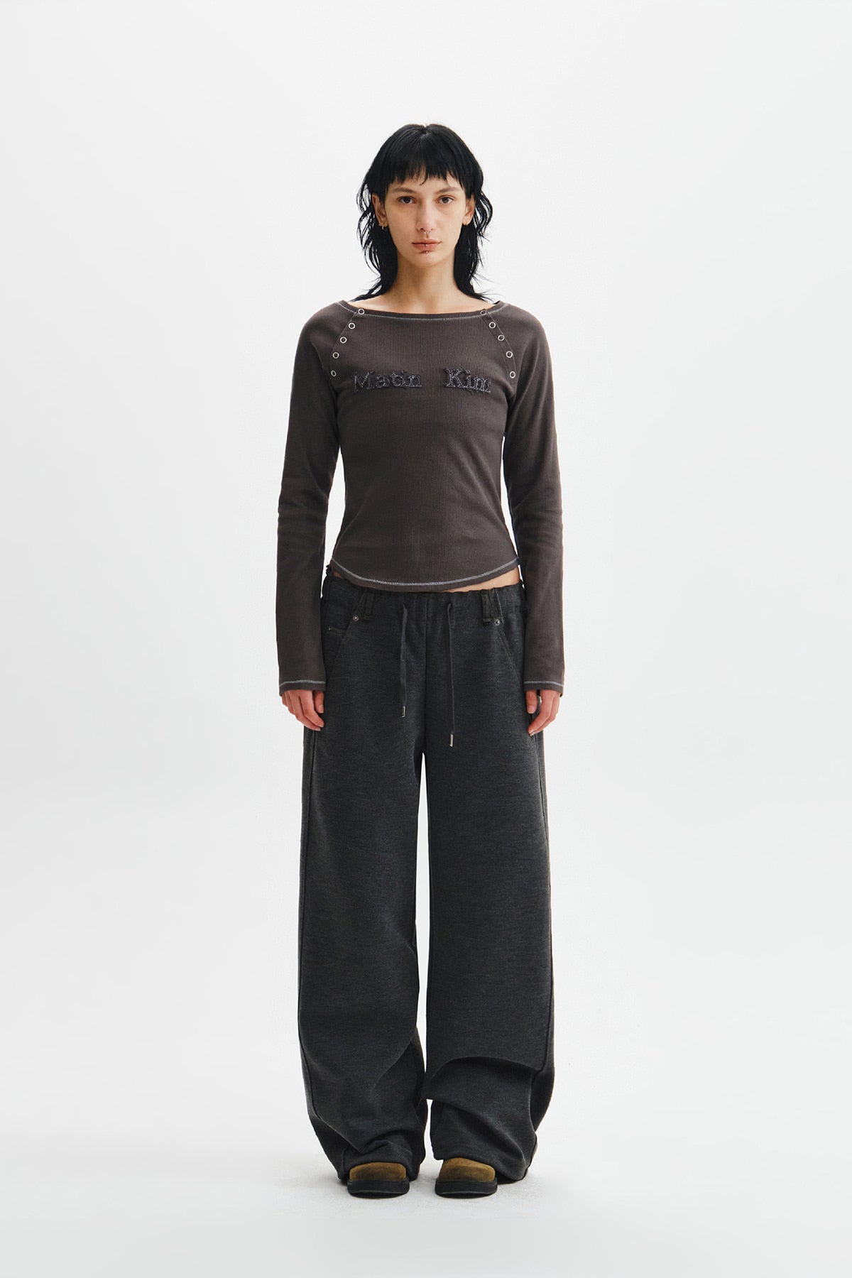 Matin Kim - Logo Applique Button Detail Raglan Top (Charcoal) product image 7 | TRAB K-Fashion Australia