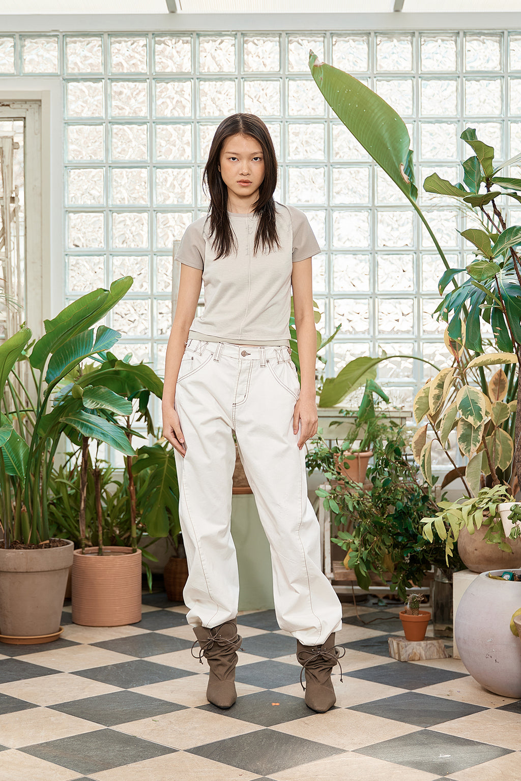 Matin Kim - Waist Buckle Curved Twill Denim Pants (White) product image 11 | TRAB K-Fashion Australia