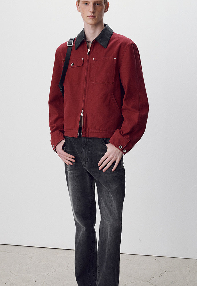 Tonywack - Leather Collar Garment-Washed Rivet Work Jacket (Red) product image 3 | TRAB K-Fashion Australia