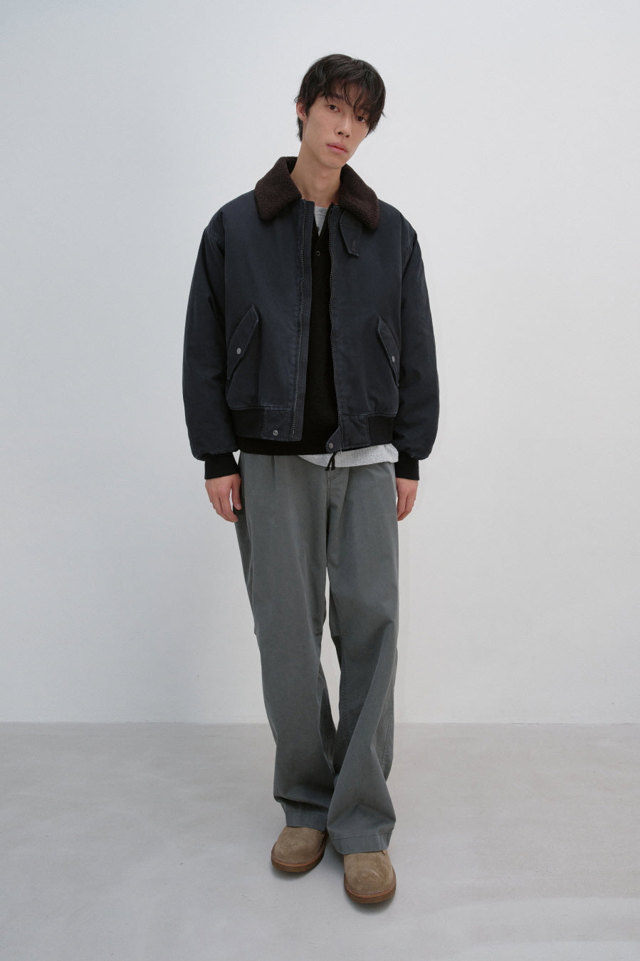 Insilence - Washed Cotton Shearling Bomber Jacket (Black) product image 4 | TRAB K-Fashion Australia