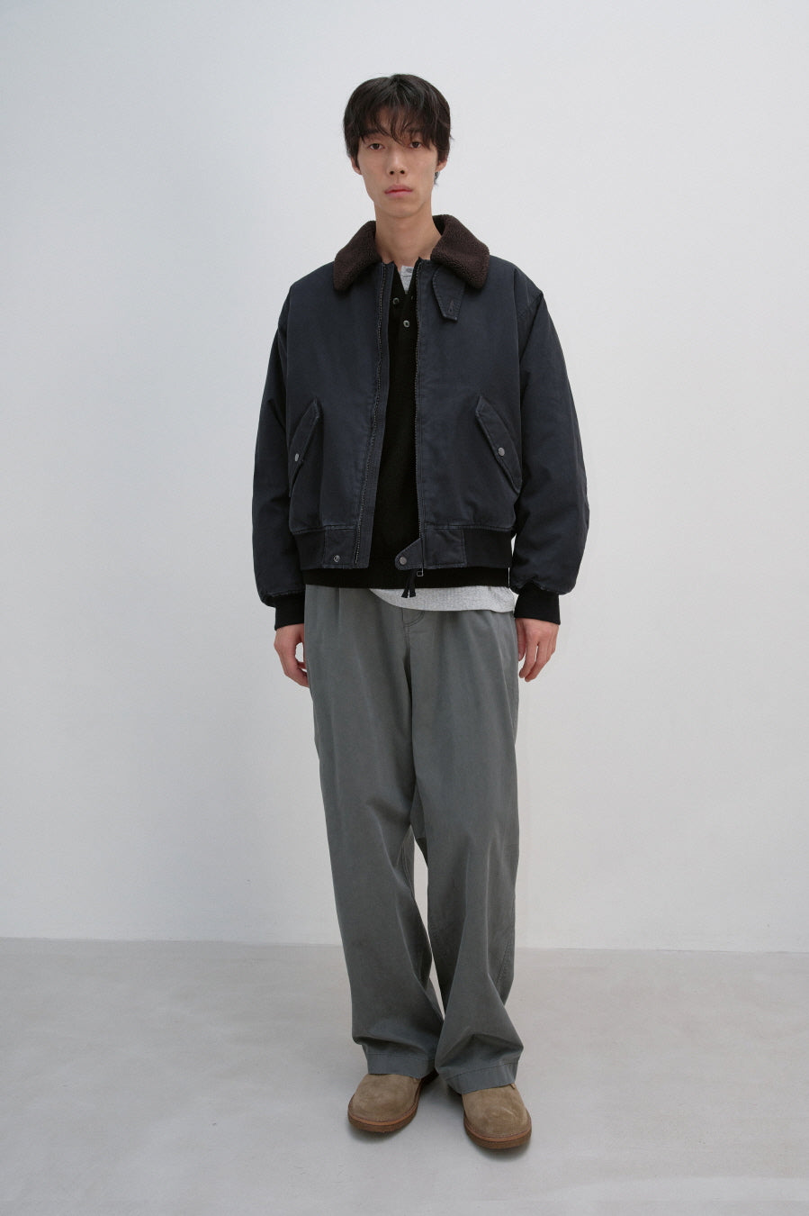 Insilence - Washed Cotton Shearling Bomber Jacket (Black) product image 3 | TRAB K-Fashion Australia