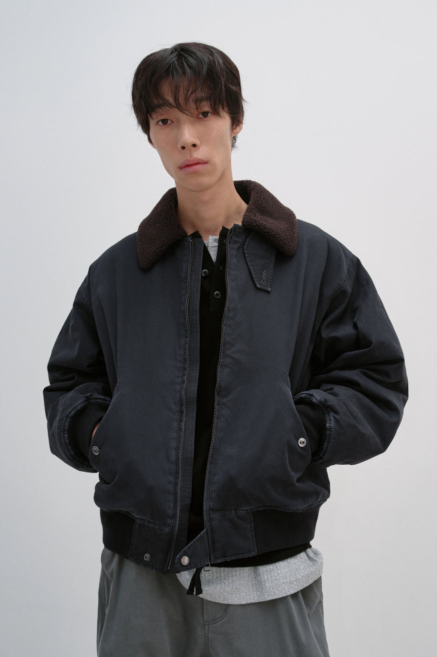 Insilence - Washed Cotton Shearling Bomber Jacket (Black) product image 1 | TRAB K-Fashion Australia