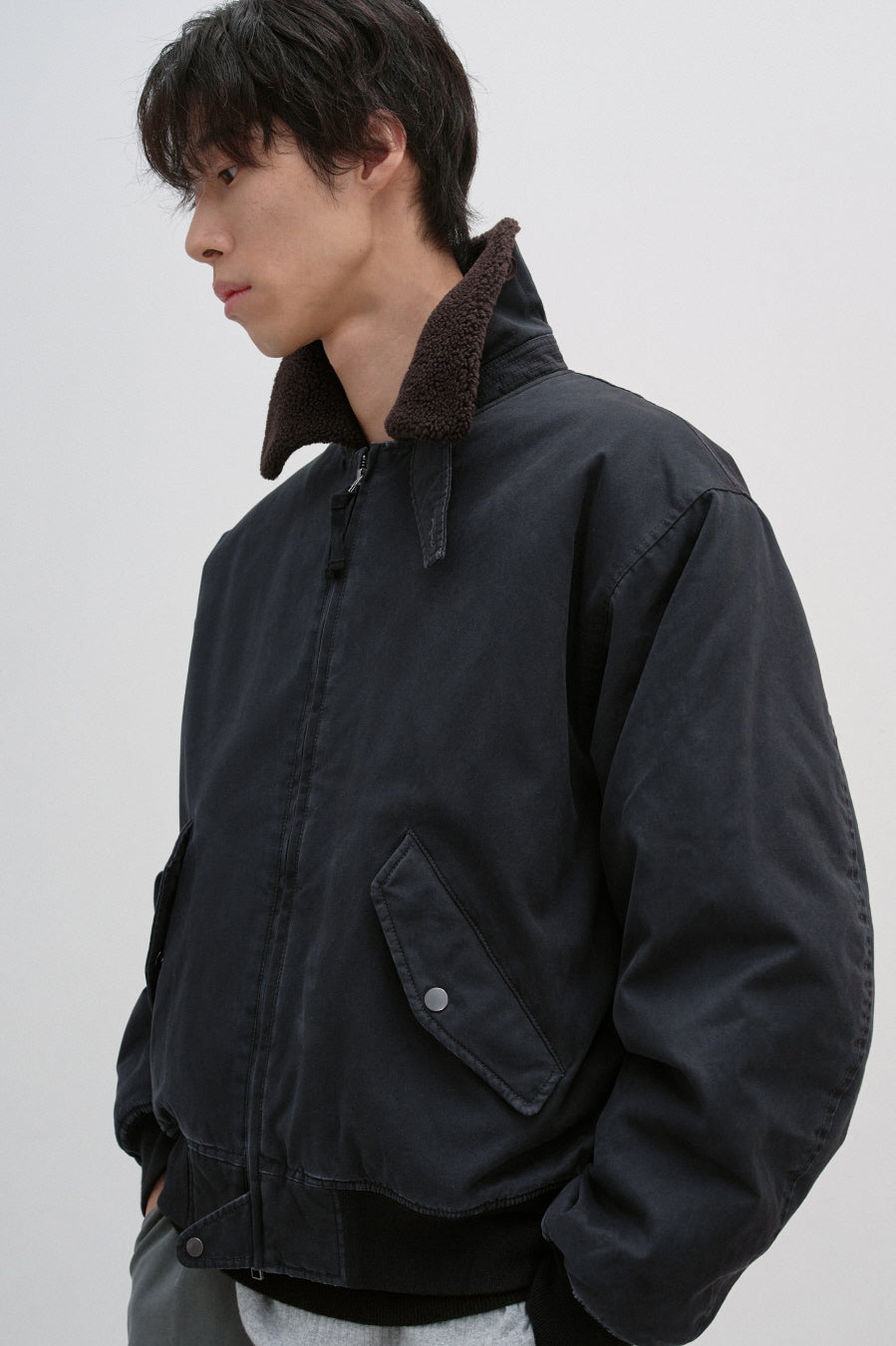 Insilence - Washed Cotton Shearling Bomber Jacket (Black) product image 5 | TRAB K-Fashion Australia