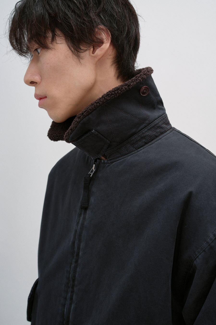 Insilence - Washed Cotton Shearling Bomber Jacket (Black) product image 2 | TRAB K-Fashion Australia