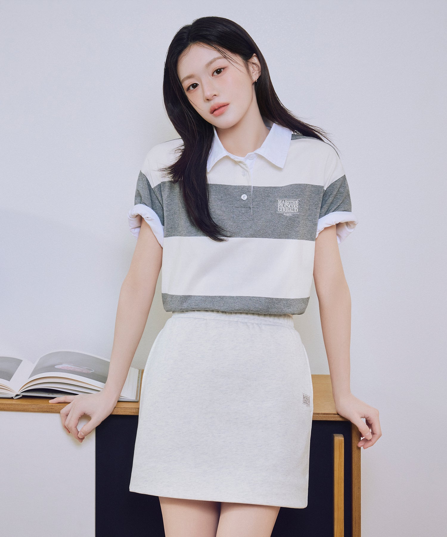 Marithe & Francois Girbaud - Small Classic Logo Rugby Stripe Oversized Collar Tee (Ivory) product image 2 | TRAB K-Fashion Australia