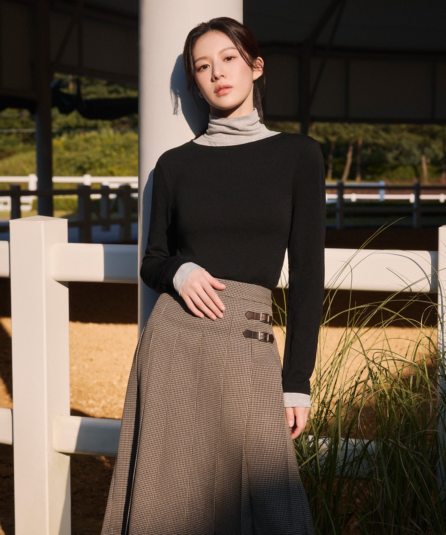 Marithe & Francois Girbaud - Side Buckle Pleated Midi Skirt (Brown) product image 2 | TRAB K-Fashion Australia