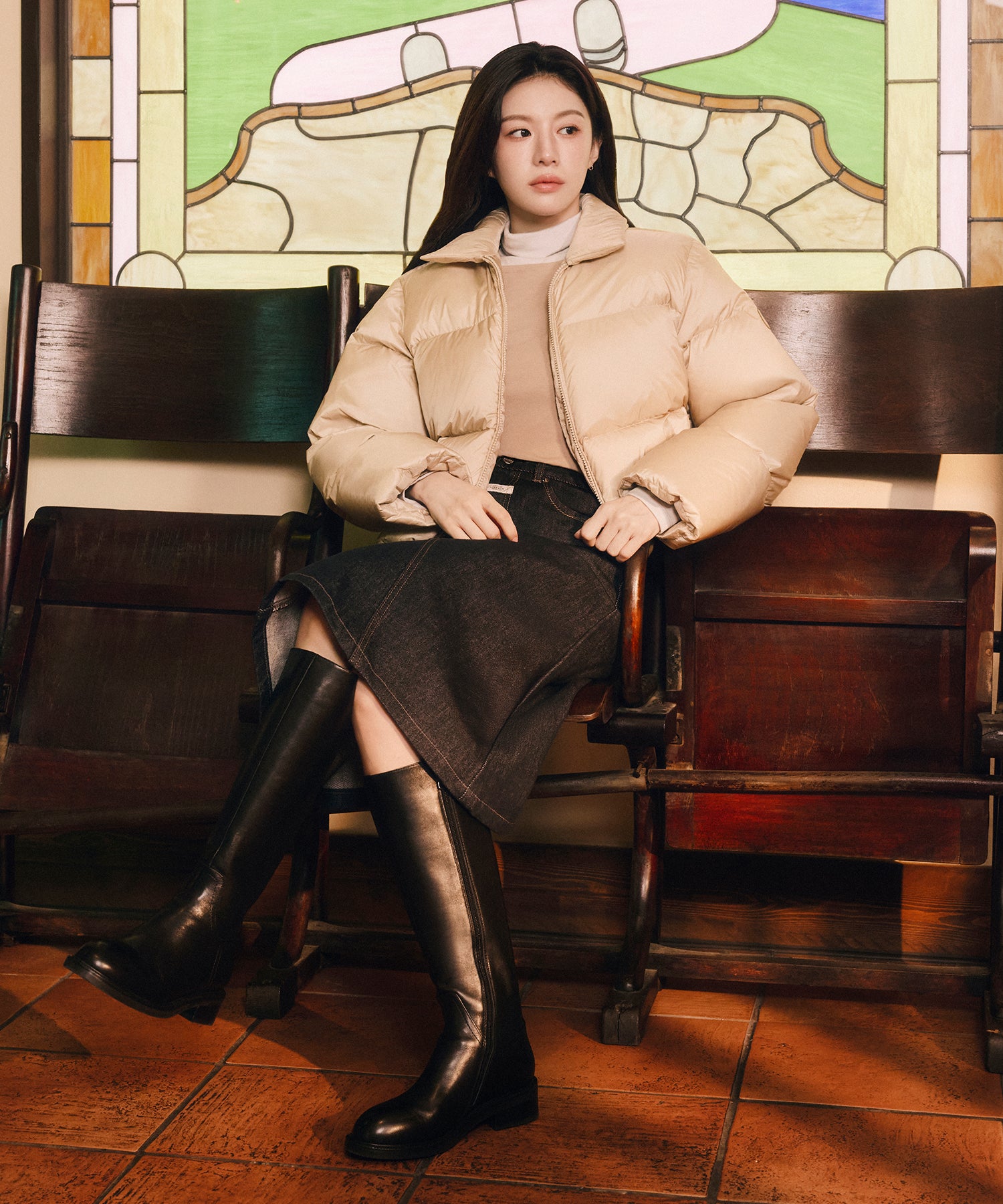 Marithe & Francois Girbaud - Collar Crop Down Jacket (Light Beige) product image 2 | TRAB K-Fashion Australia