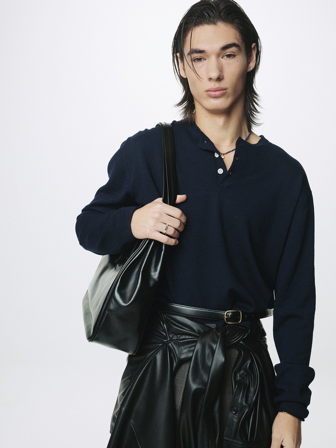 Tonywack - Extra Fine Wool Raw Hem Henley Neck Knit (Navy) product image 1 | TRAB K-Fashion Australia