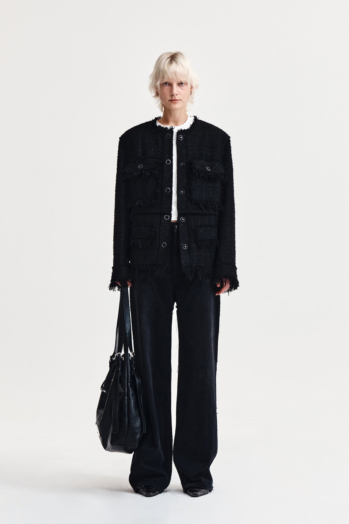 Matin Kim - Two Way Collarless Tweed Jacket (Black) product image 5 | TRAB K-Fashion Australia