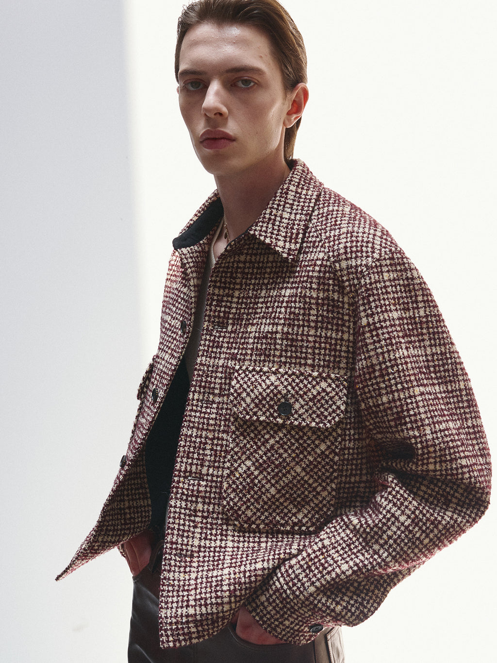 Tonywack - Checked Wool Tweed Shirt Jacket Italian Fabric (Burgundy/Ecru) product image 5 | TRAB K-Fashion Australia