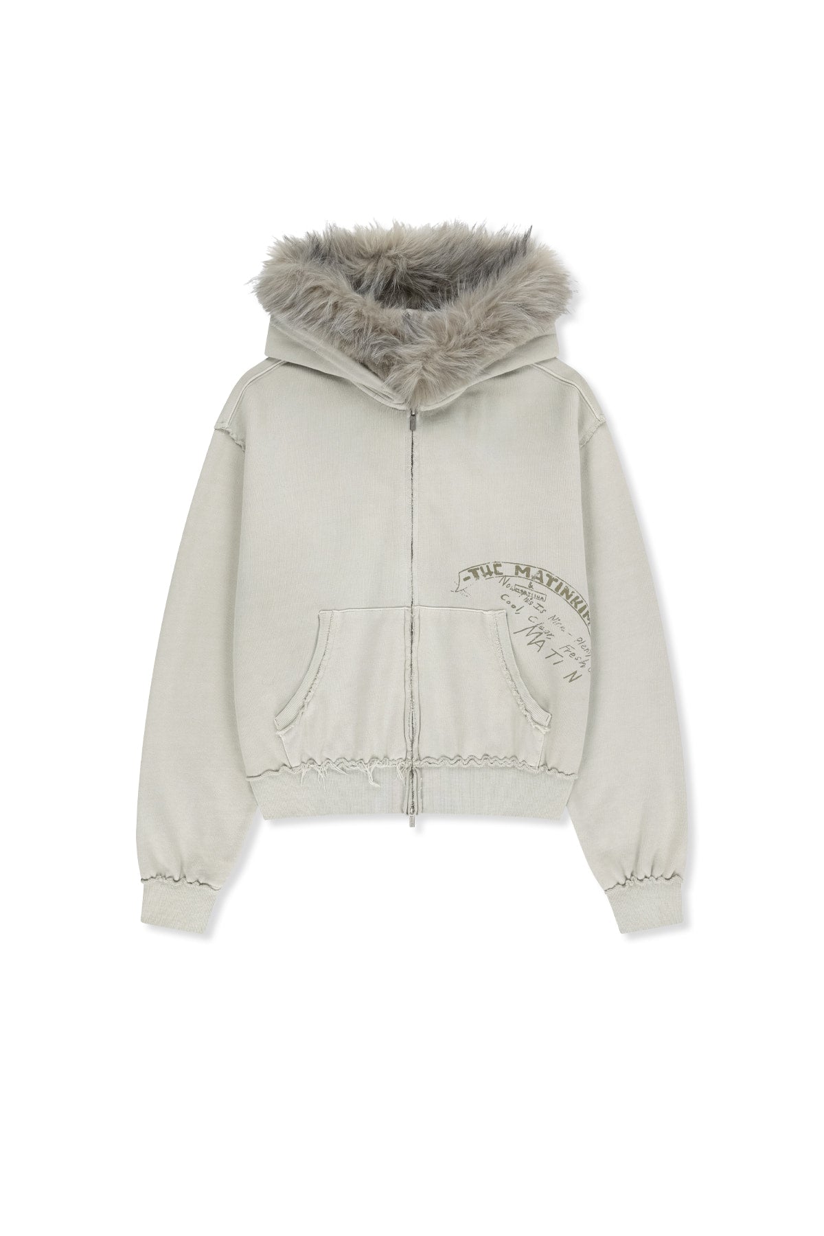 Matin Kim - Vintage Graffiti Fur-trim Hoody Zip Up (Light Beige) product image 1 | TRAB K-Fashion Australia