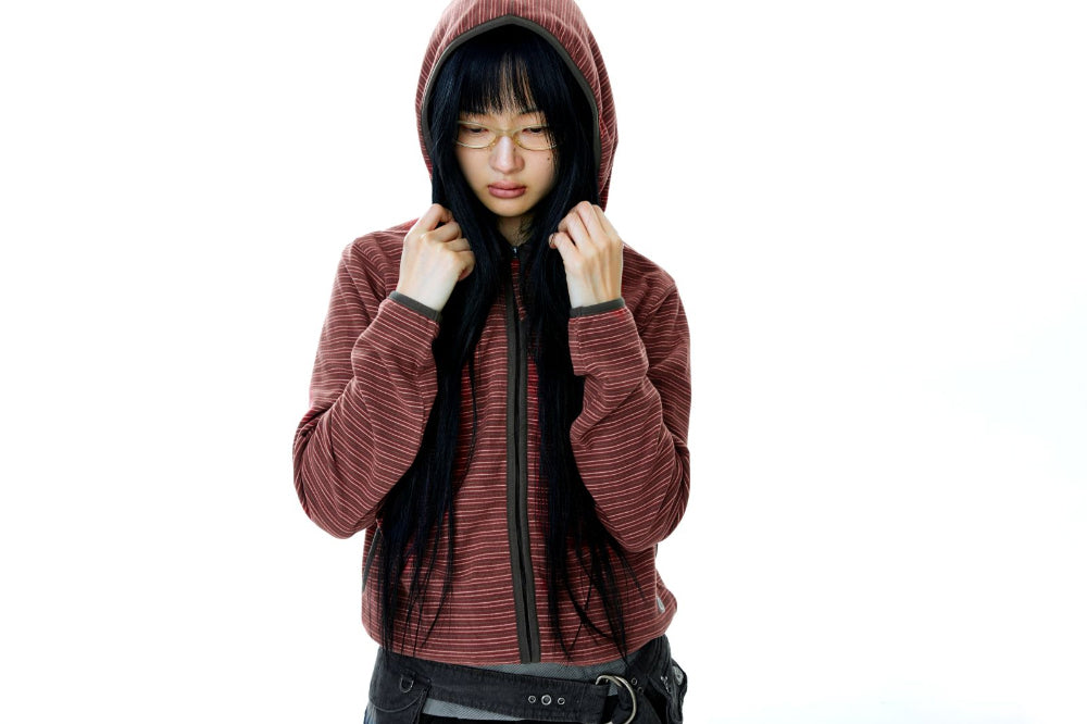 Coyseio - Stripe Fleece Hood Zip-Up (Red) product image 8 | TRAB K-Fashion Australia