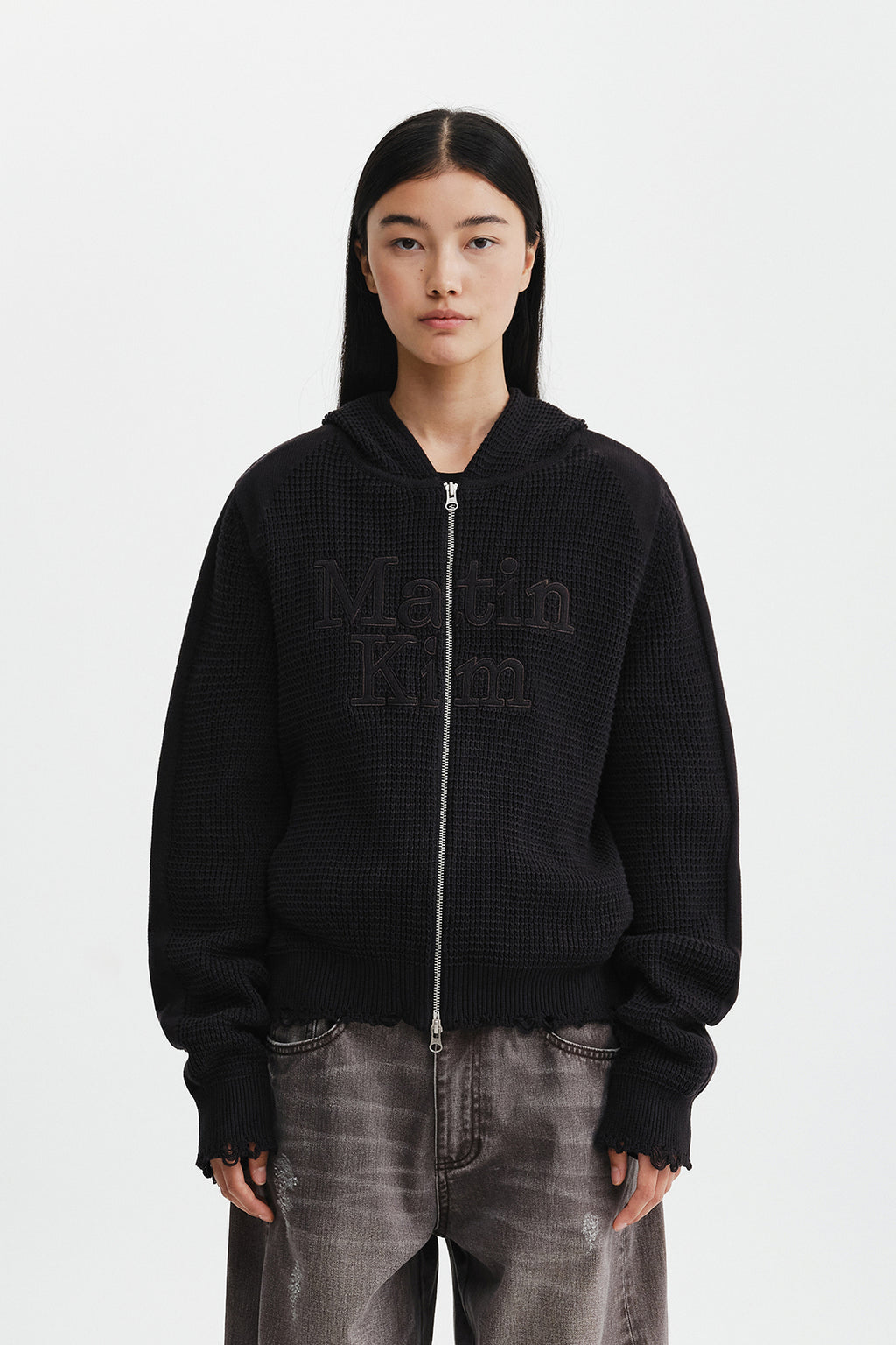 Matin Kim - Waffle Texture Hoody Knit Zip Up (Charcoal) product image 7 | TRAB K-Fashion Australia