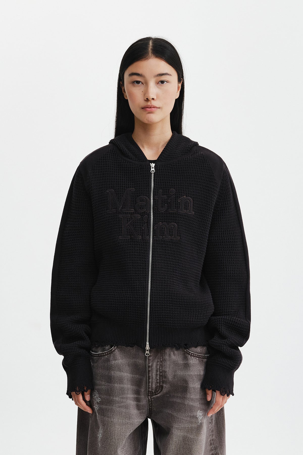 Matin Kim - Waffle Texture Hoody Knit Zip Up (Charcoal) product image 7 | TRAB K-Fashion Australia