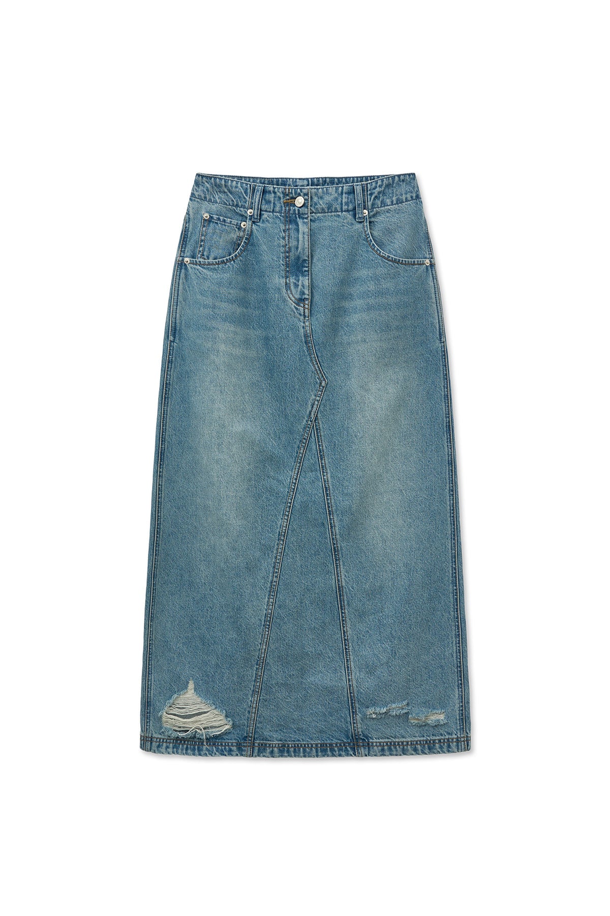 Matin Kim - Damage Point Long Denim Skirt (Blue) product image 1 | TRAB K-Fashion Australia