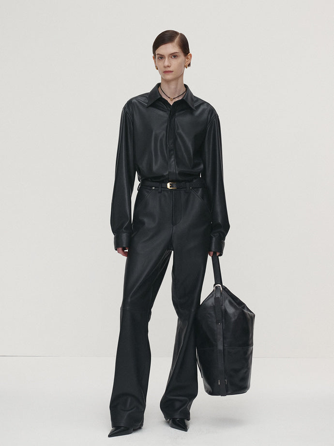 Tonywack - Faux Leather Hidden Button Shirt (Italian Fabric) (Black) product image 3 | TRAB K-Fashion Australia