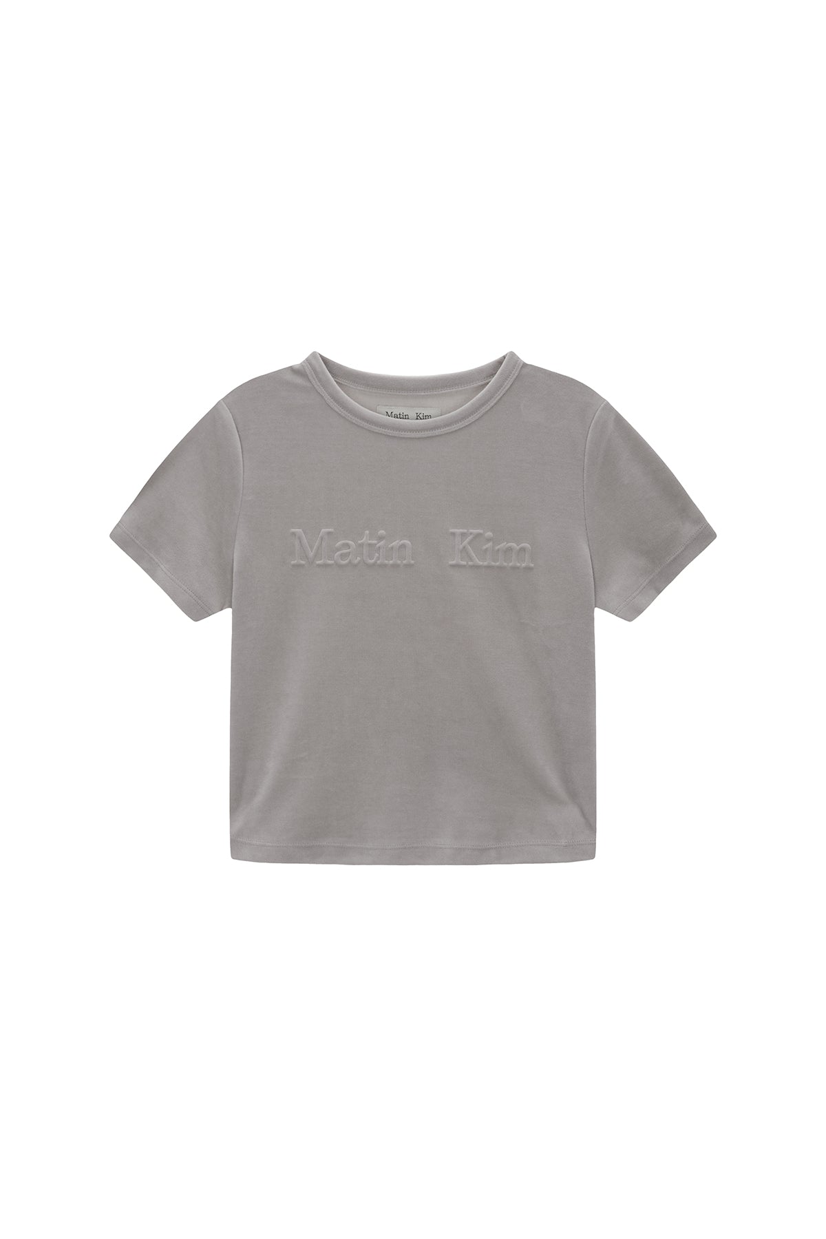 Matin Kim - Logo Emboss Velvet Crop Top (Light Grey) product image 1 | TRAB K-Fashion Australia