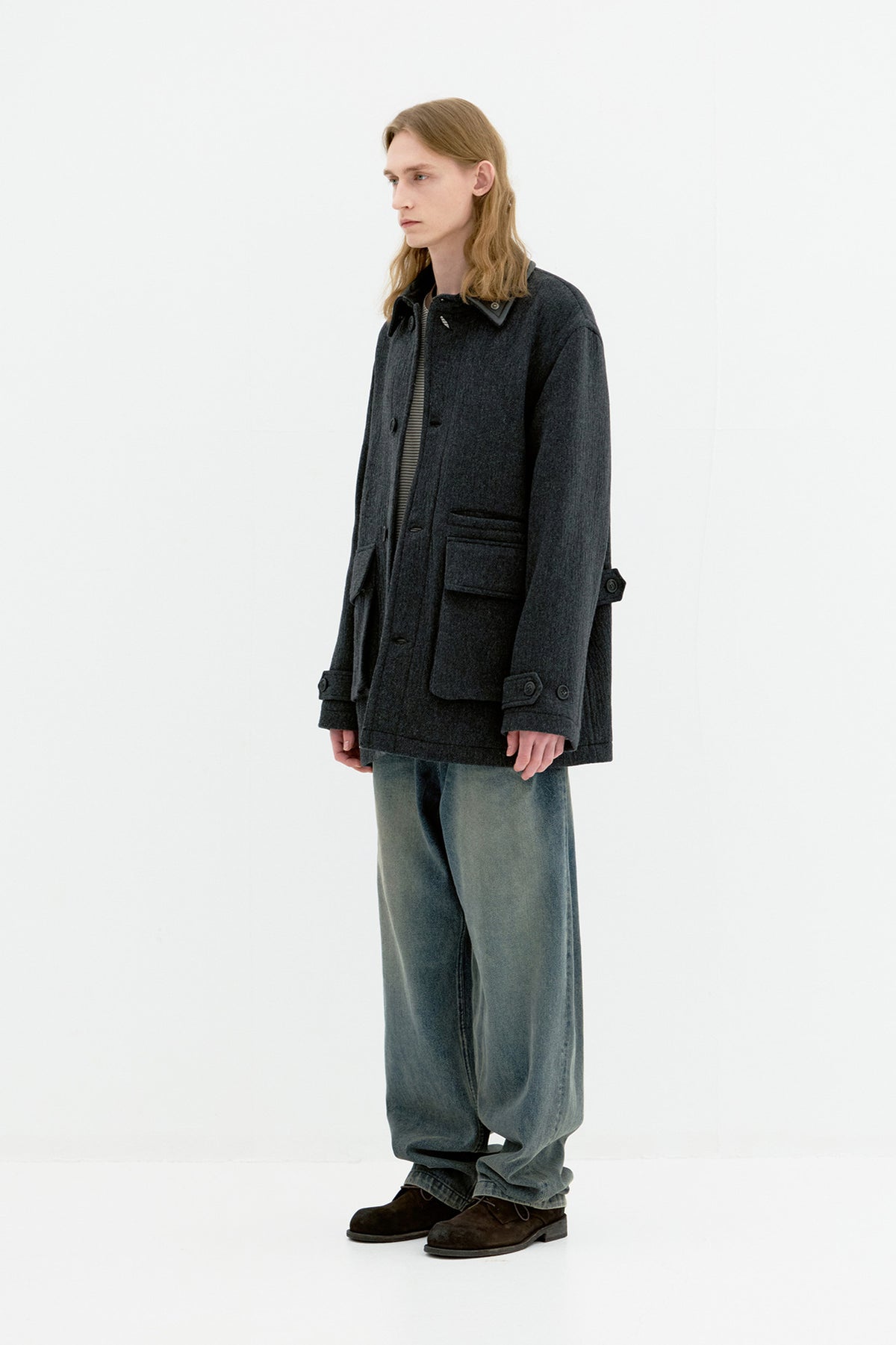 Coor - Trimming Leather Patchwork Coat (Melange Charcoal) product image 3 | TRAB K-Fashion Australia