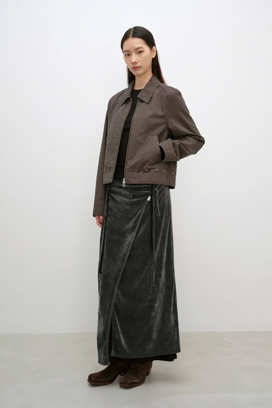 Insilence - Layered Velour Wrap Skirt (Charcoal) product image 8 | TRAB K-Fashion Australia