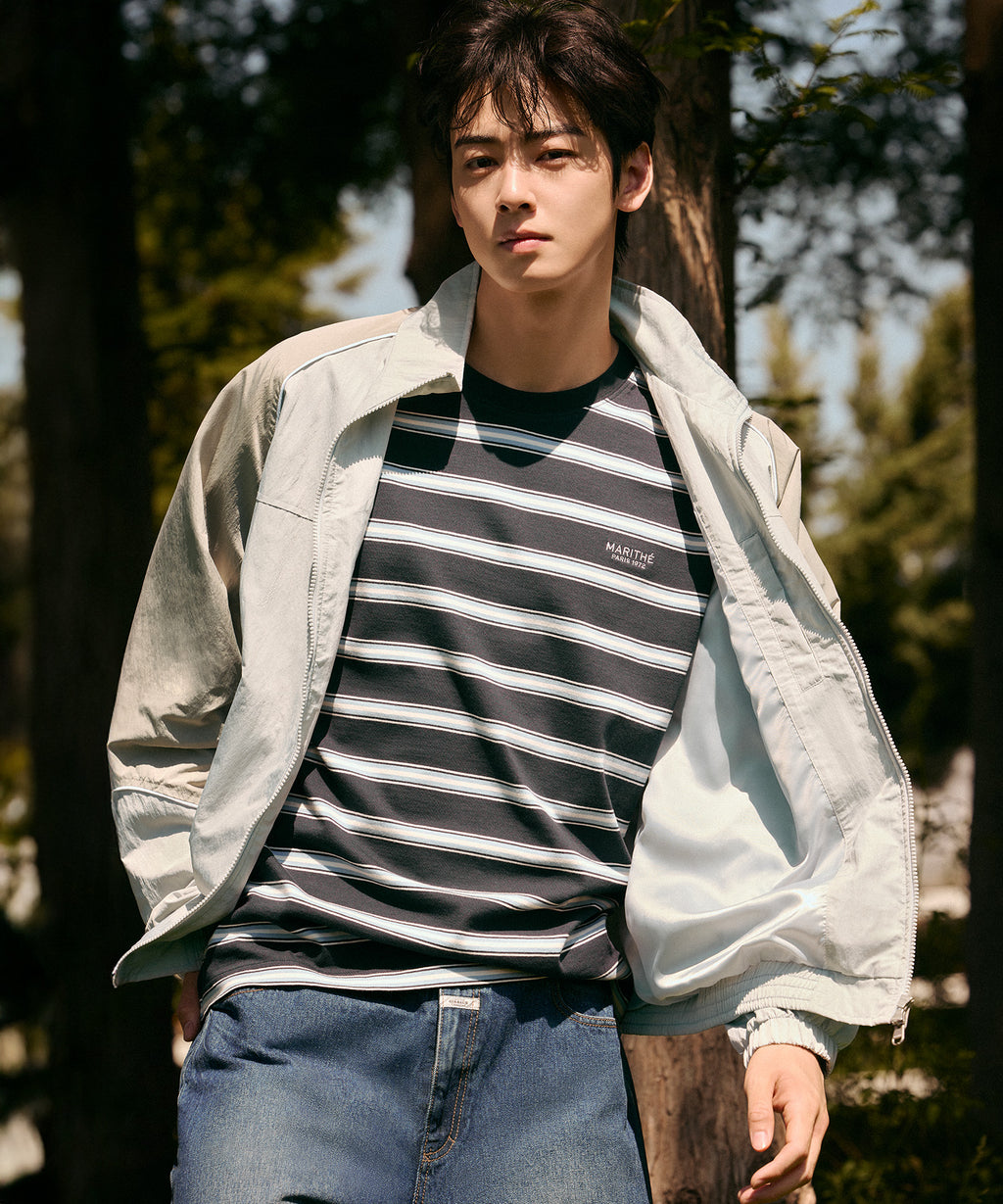 Marithe & Francois Girbaud - Color-block Highneck Windbreaker (Light Gray) product image 3 | TRAB K-Fashion Australia