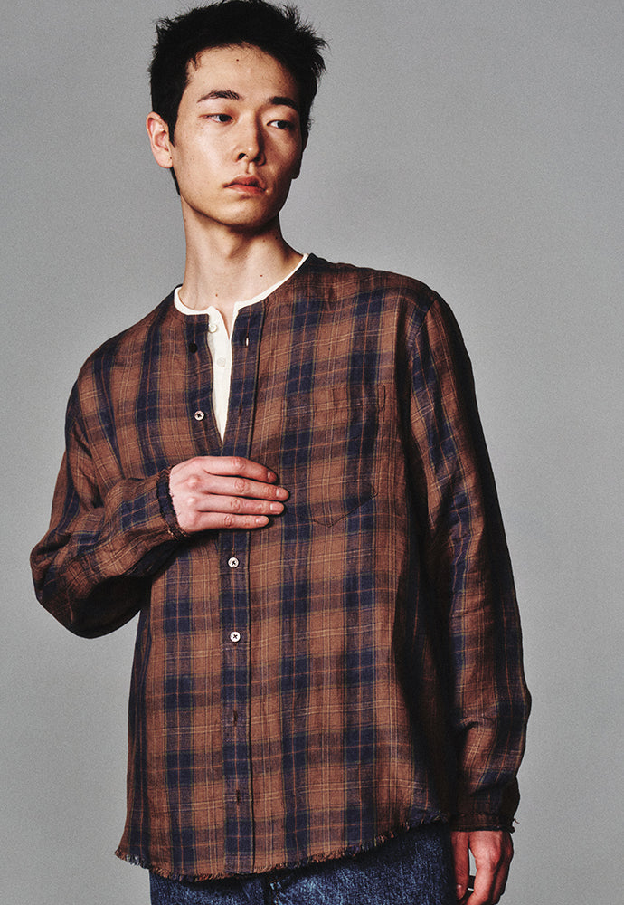 Art if acts - Non Collar Linen French Check Shirt (Blue/Brown) product image 6 | TRAB K-Fashion Australia