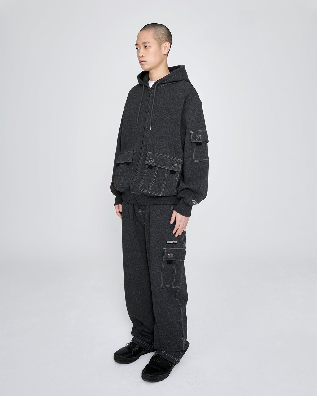 yeseyesee - Y.E.S Stitch Pocket Zip Up Hoodie (Charcoal) product image 8 | TRAB K-Fashion Australia