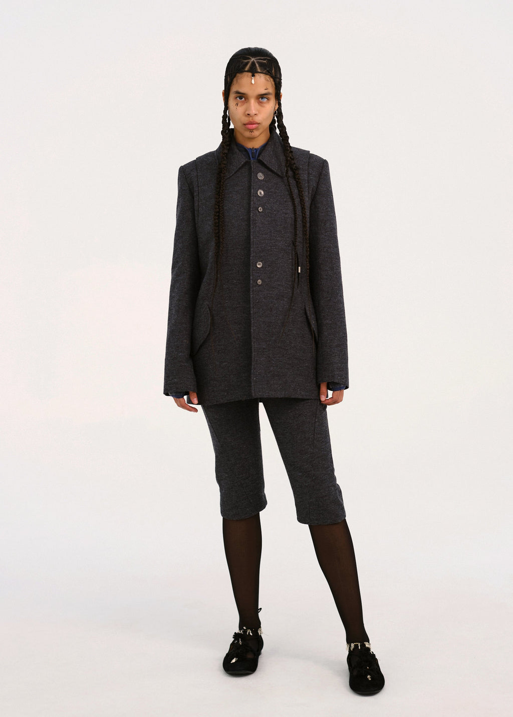 Hyein Seo - Silver Button Jacket w/ Hood Muffler (Dark Grey) product image 1 | TRAB K-Fashion Australia