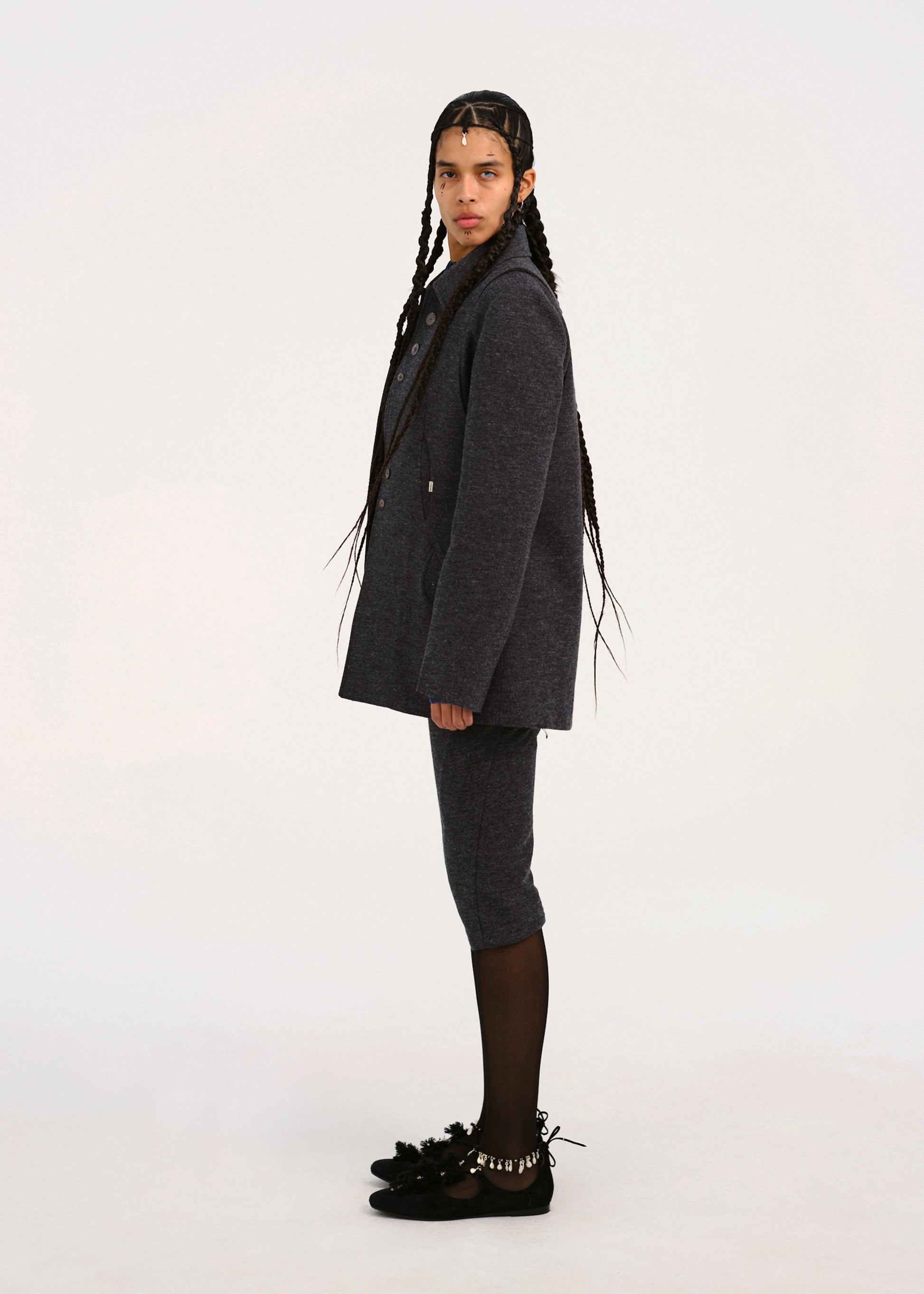 Hyein Seo - Silver Button Jacket w/ Hood Muffler (Dark Grey) product image 2 | TRAB K-Fashion Australia